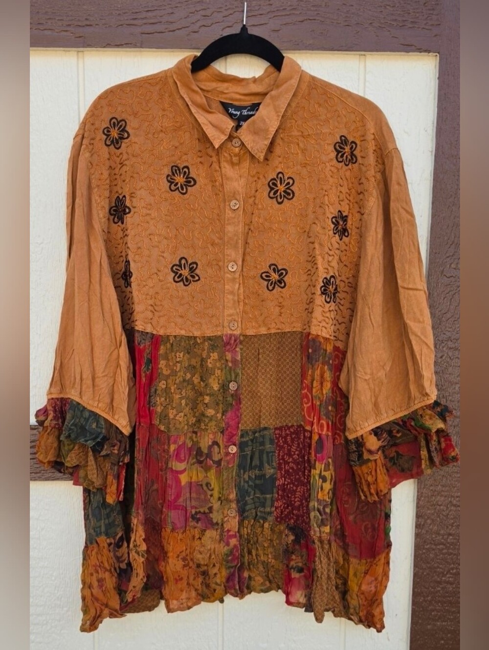 SOLD!! New!! Young Threads Boho Cottagecore Flowy Mustard Patchwork Tunic - Picture 2 of 4